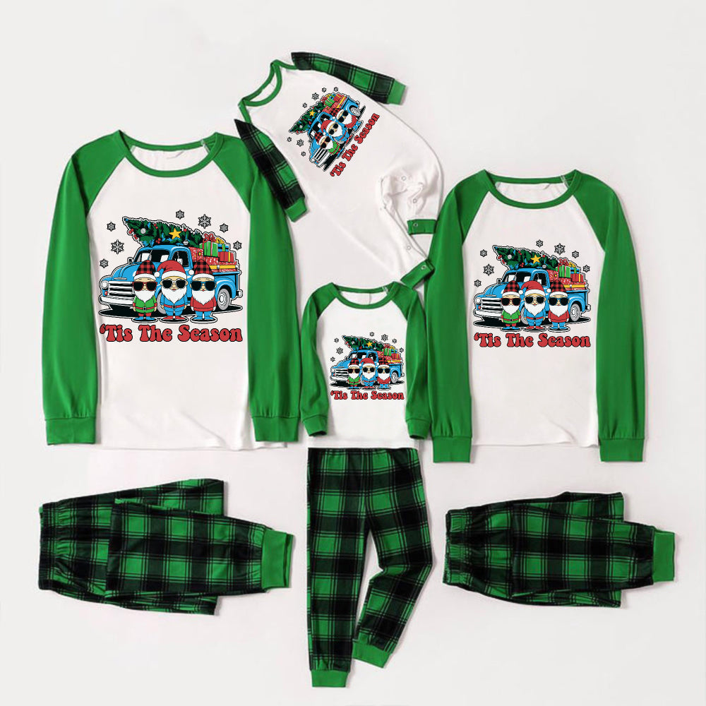 Green Raglan Top Green Plaid Christmas Pajamas Set With Colorful Gnomes and "Tis The Season" Print