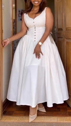 Womens V-neck Buckle Splicing Waist Cinching Elegant Casual Dress