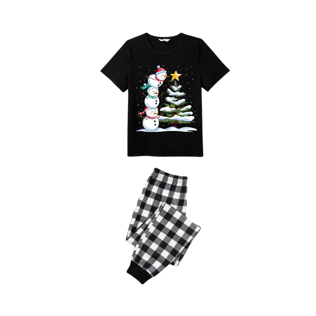 Couple Black and White Plaid Christmas Short Sleeve Pajamas Set with Snowman & Christmas Tree Print
