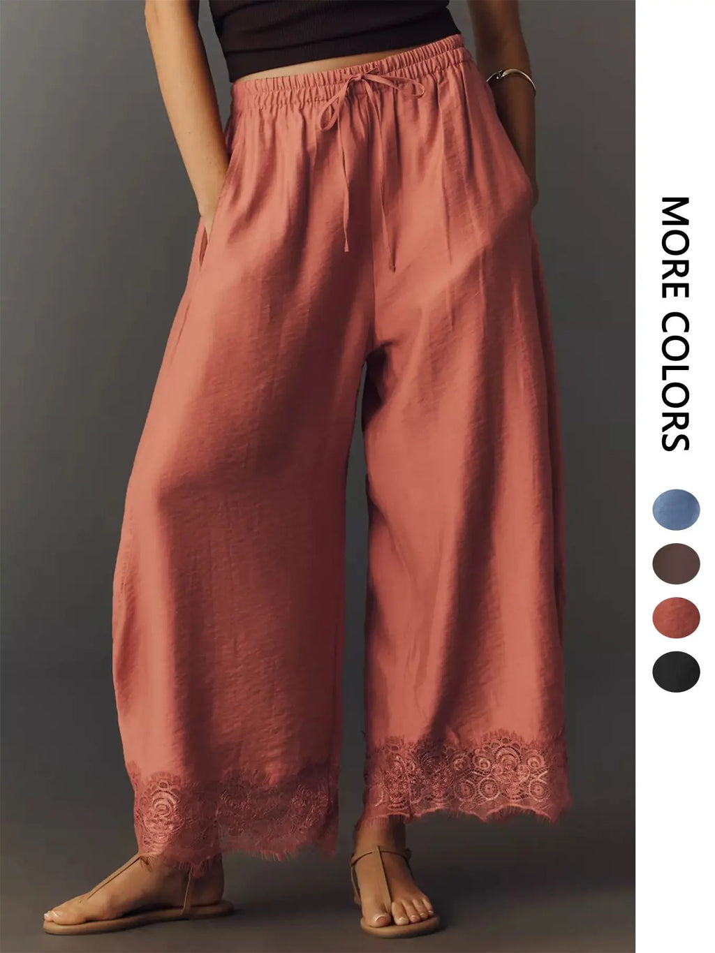 Women's Casual Pocket Elastic Waist Long Pants, Lace Patchwork Bottoms, Asymmetrical Hem, Summer Loose Wide-Leg Pants, Womenswear