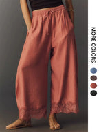 Women's Casual Pocket Elastic Waist Long Pants, Lace Patchwork Bottoms, Asymmetrical Hem, Summer Loose Wide-Leg Pants, Womenswear
