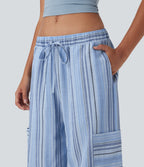 Low Rise Drawstring Wide Leg Stripe Casual Linen-Feel Pants with Pockets