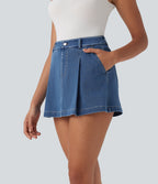 FlexTM High Waisted 2-in-1 Washed Stretchy Knit Denim Casual A-line Skort with Pockets
