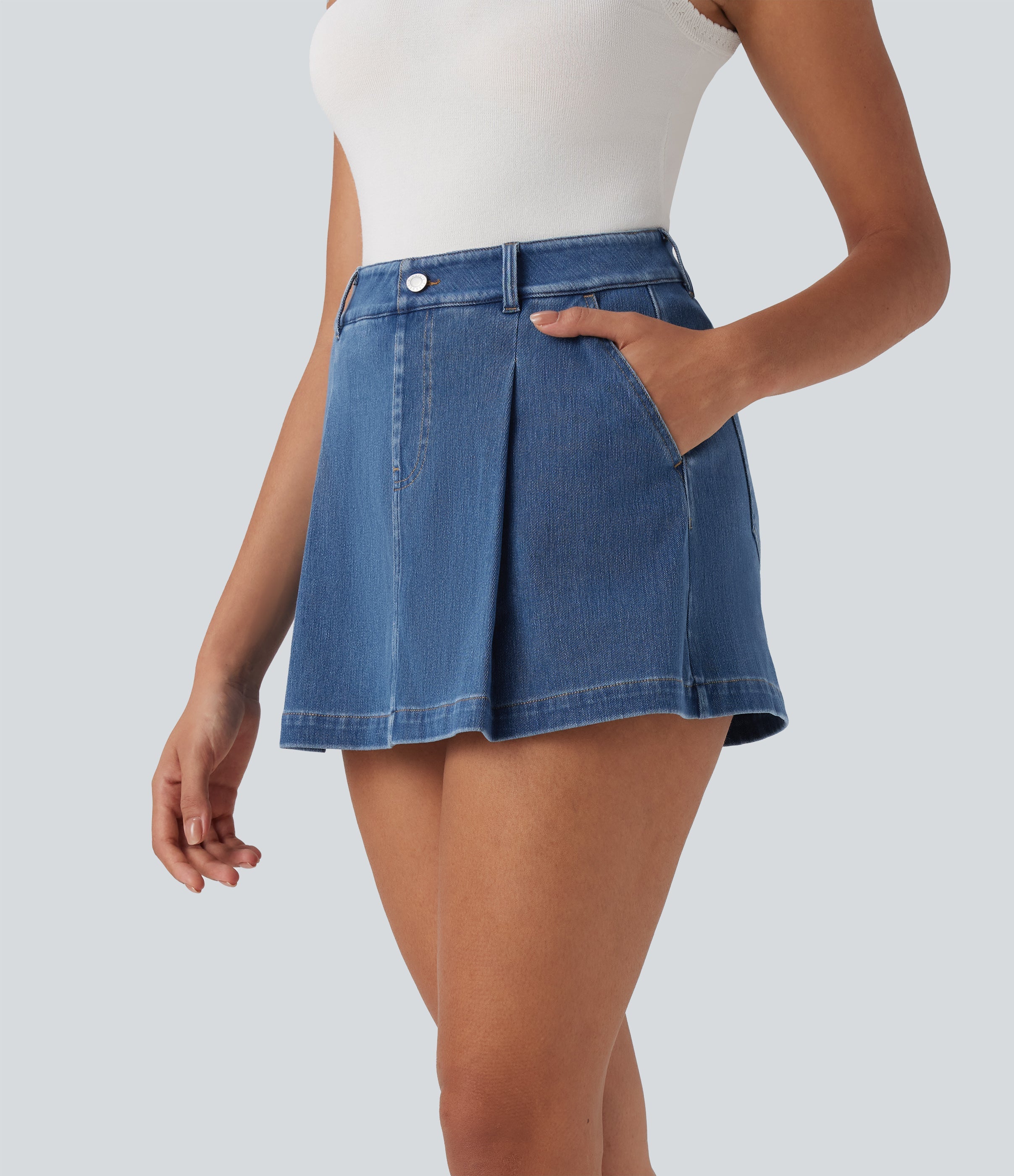 FlexTM High Waisted 2-in-1 Washed Stretchy Knit Denim Casual A-line Skort with Pockets
