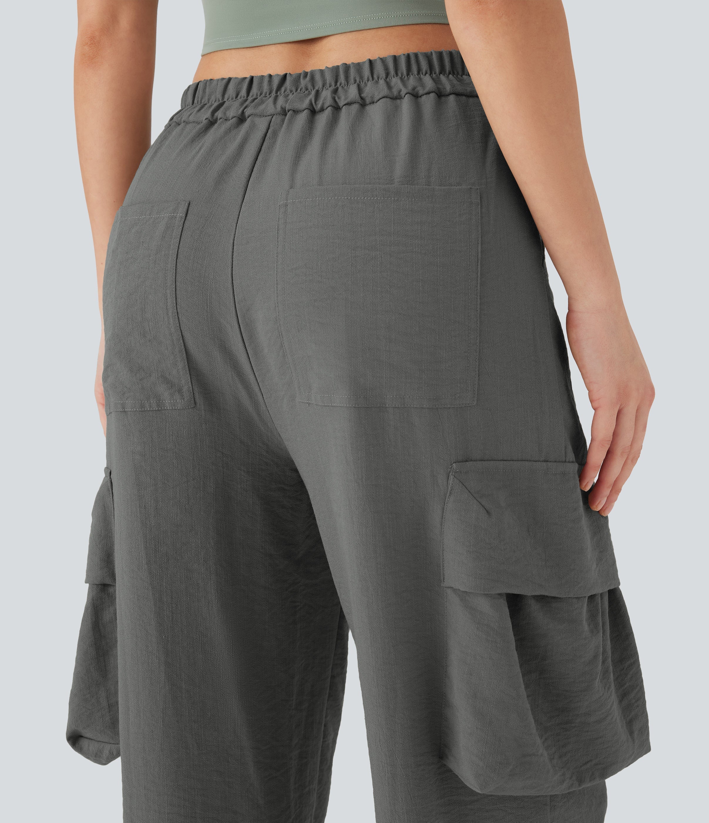 High Waisted Adjustable Drawstring Hem Linen-Feel Casual Cargo Pants with Pockets