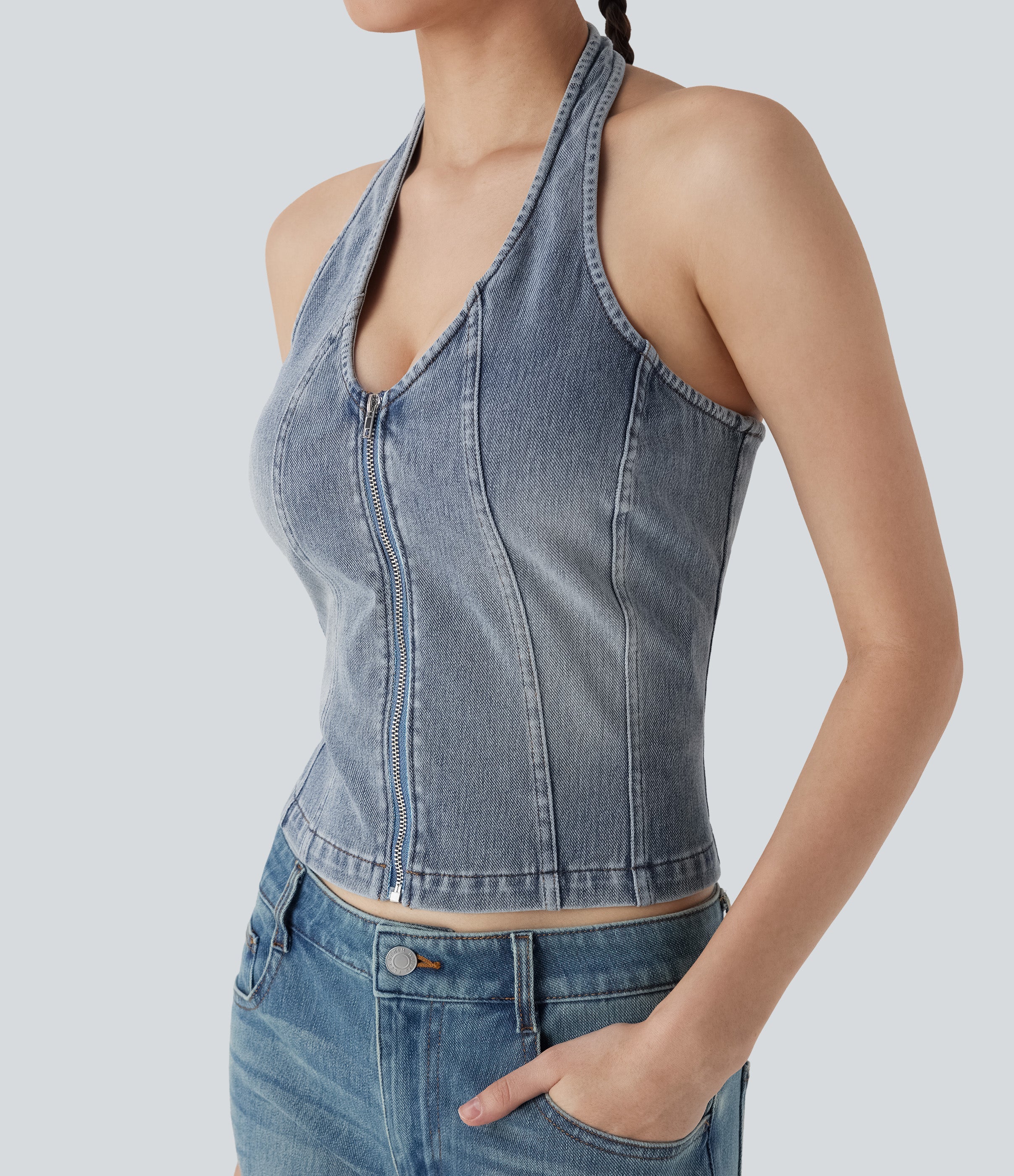 FlexTM Halter Zipper Washed Denim Casual Tank Top