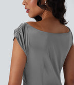 Boat Neck Cap Sleeve Ruched Satin Dress