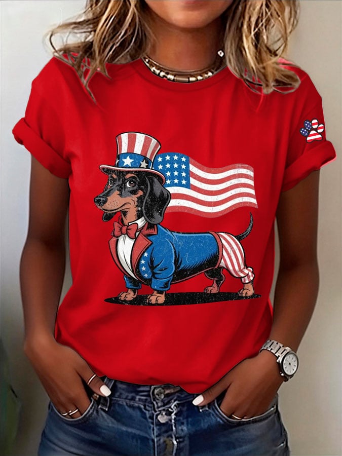 Women's Patriotic Dog Lover Printed Casual T-Shirt