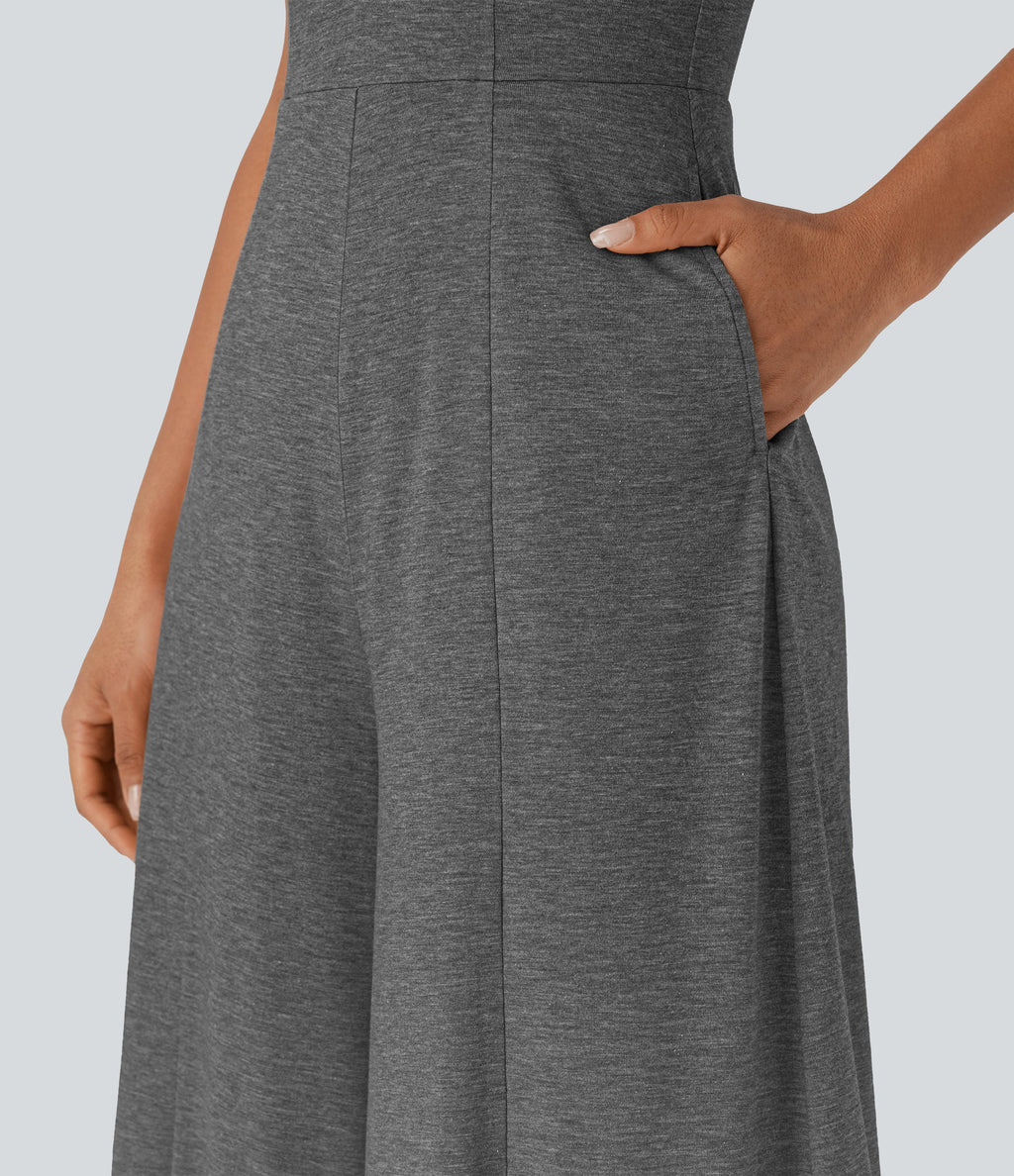 Henley Neck Sleeveless Wide Leg Flowy Casual Jumpsuit with Pockets