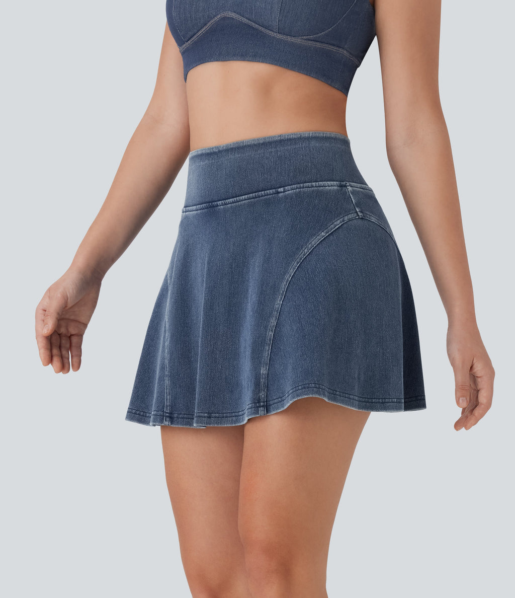 FlexTM High Waisted 2-in-1 A Line Mini Washed Denim Casual Skirt with Pockets