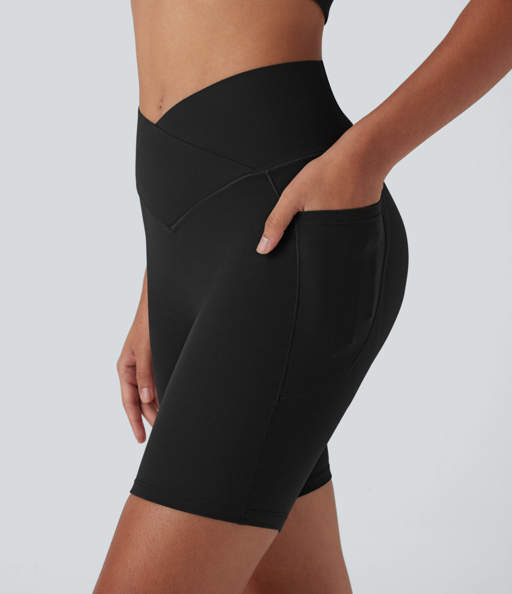 UltraSculptTM High Waisted Crossover Tummy Control Butt Lifting Yoga Biker Shorts 7'' with Pockets