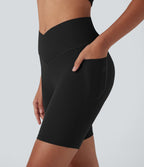 UltraSculptTM High Waisted Crossover Tummy Control Butt Lifting Yoga Biker Shorts 7'' with Pockets