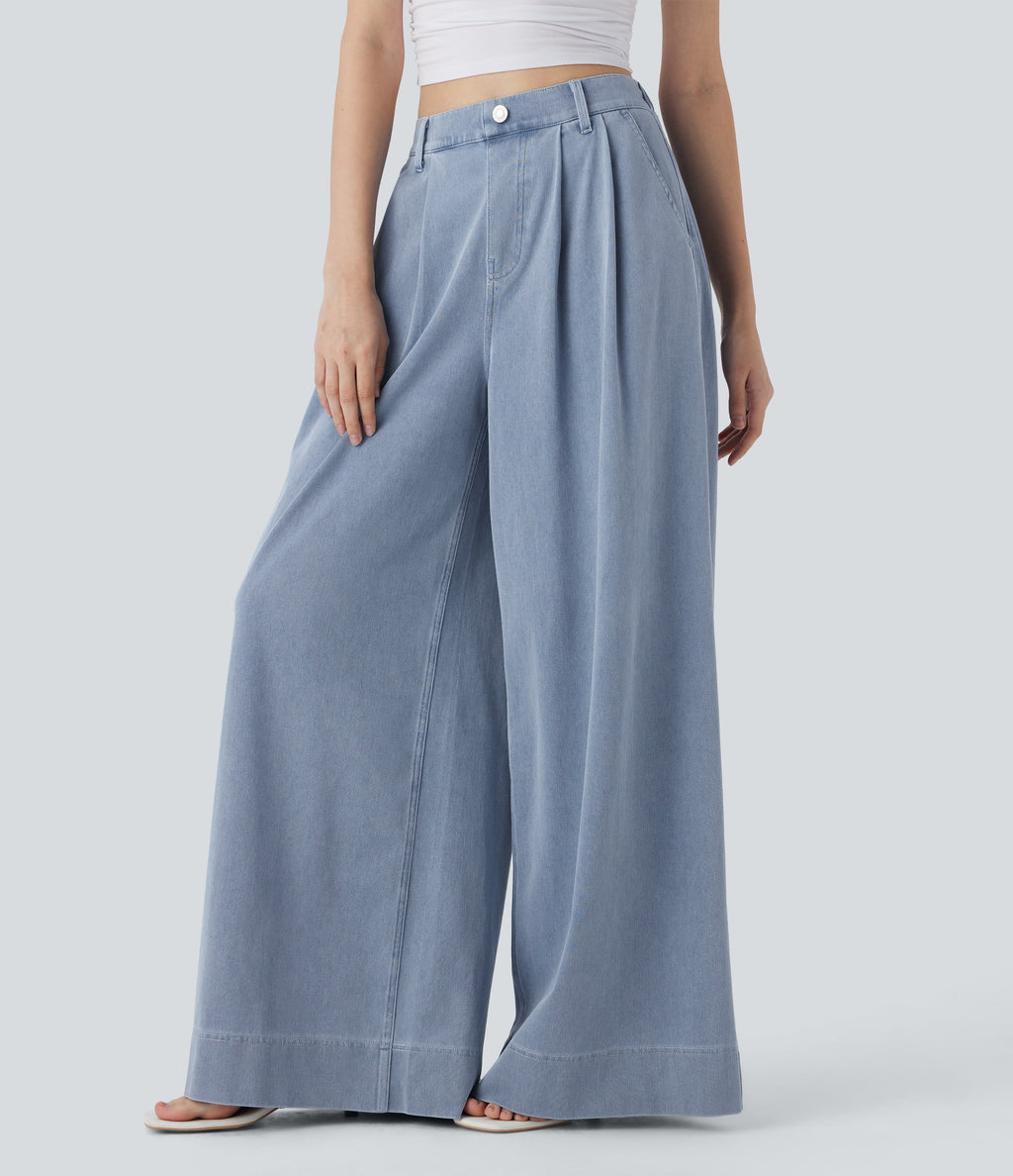 FlexTM High Waisted Wide leg Cool Touch Quick Dry Denim Casual Jeans with Pockets