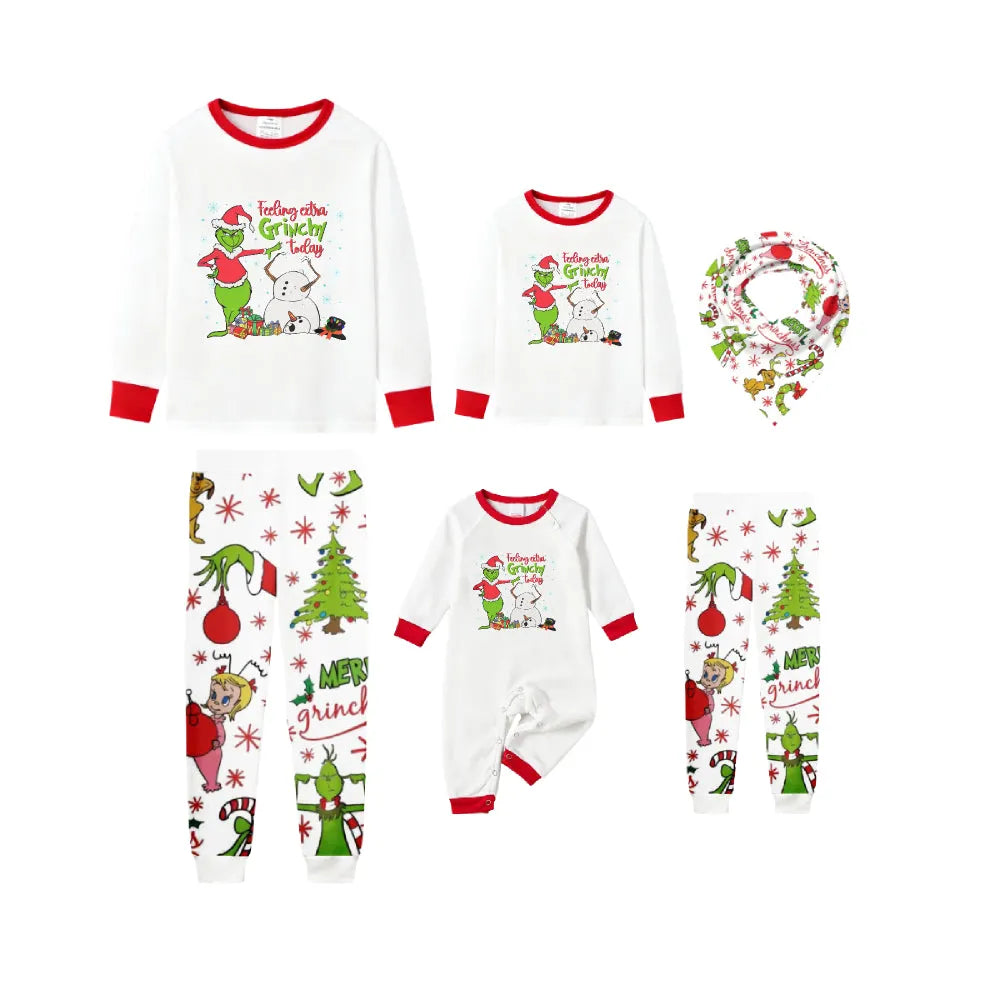 Family Christmas White Pajamas Set With Funny Pattern Print