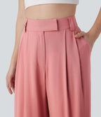 Mid Rise Wide Leg Casual Linen-Feel Pants with Pockets