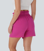 Paper Bag High Waisted Tie Front Casual Cotton Shorts with Pockets
