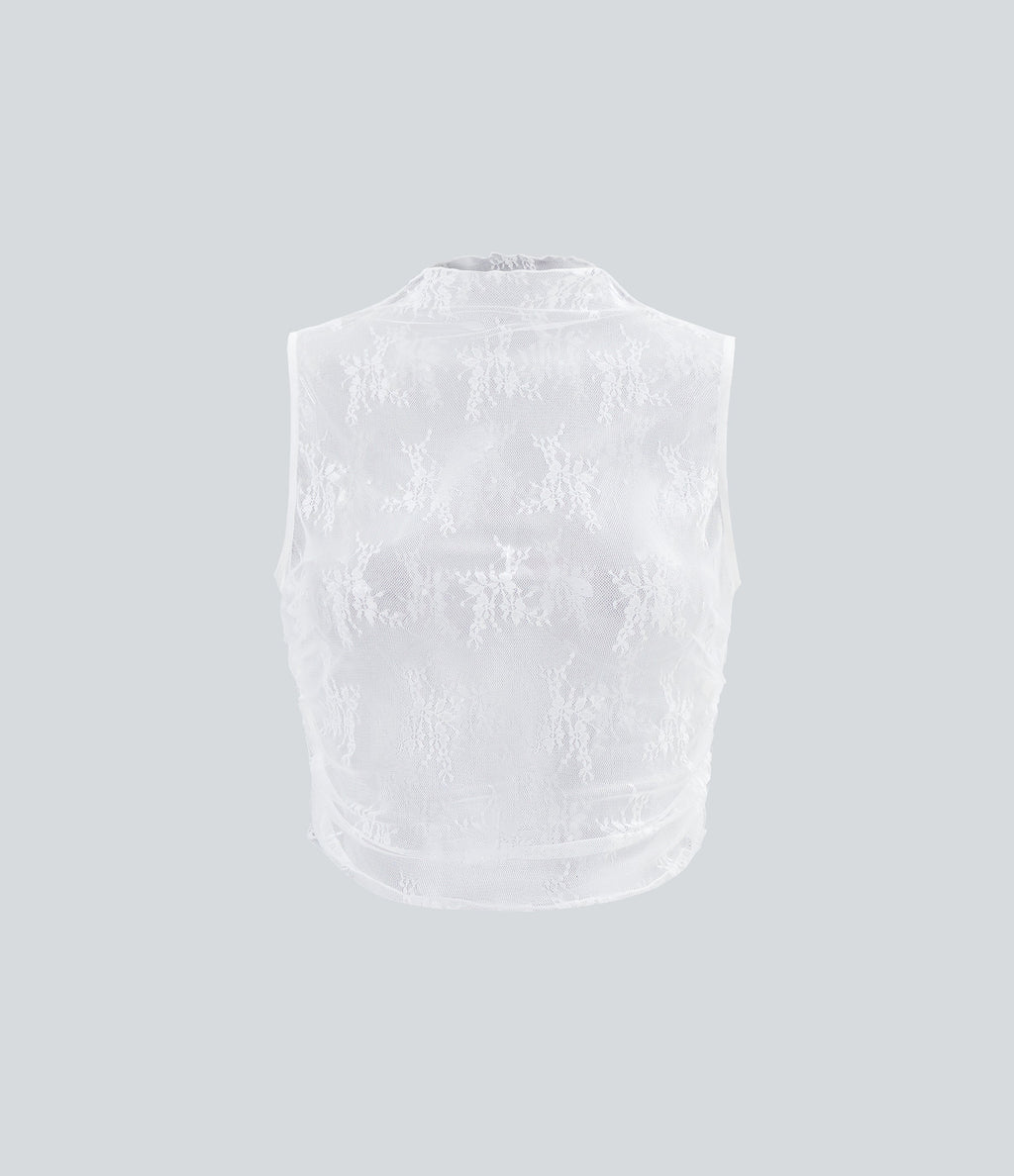 Mock Neck Sleeveless Ruched Cropped Sheer Lace Casual Top