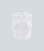 Mock Neck Sleeveless Ruched Cropped Sheer Lace Casual Top