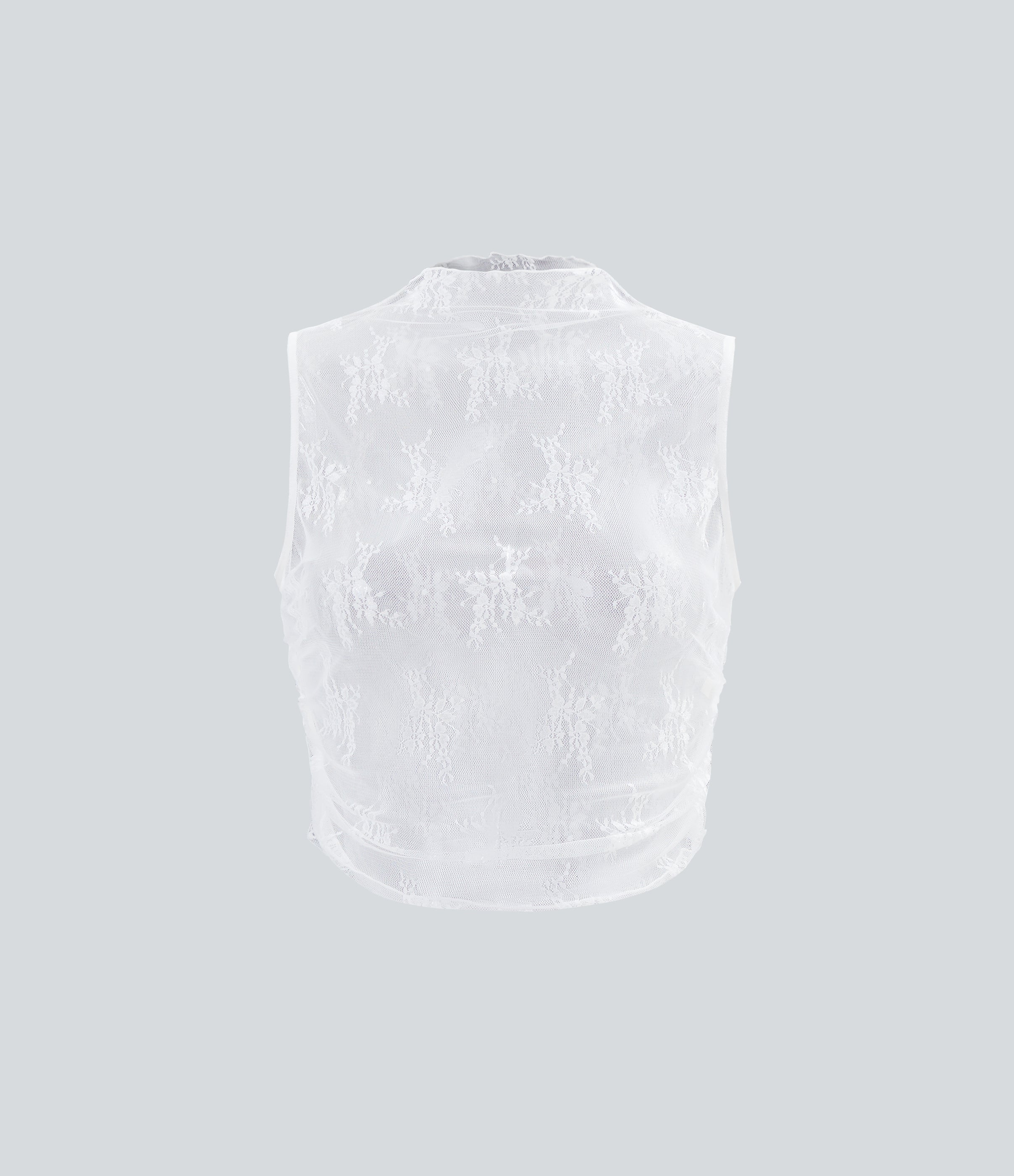 Mock Neck Sleeveless Ruched Cropped Sheer Lace Casual Top