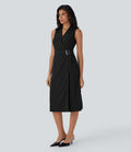 Anti-wrinkle V Neck Sleeveless Wrapped Belted Midi Travel Dress with Pockets