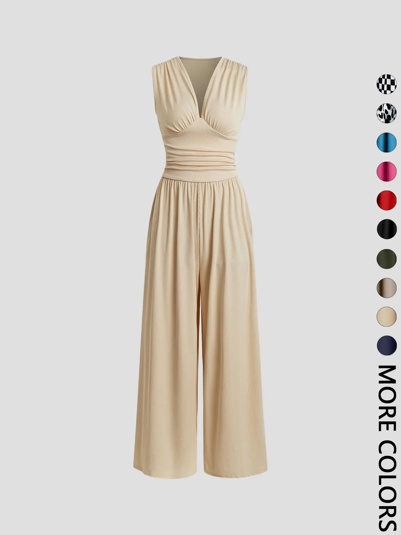 Women's Ruched Deep V Neck Wide Leg Jumpsuit