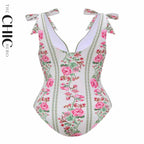 Vintage Rose Garden V Neck Lace Up Floral Swimsuit&Skirt