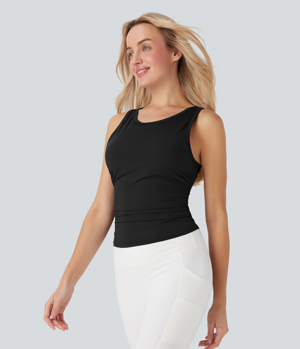 Round-Neck Racerback Ruched Built-in Bra Cool Touch Yoga Tank Top