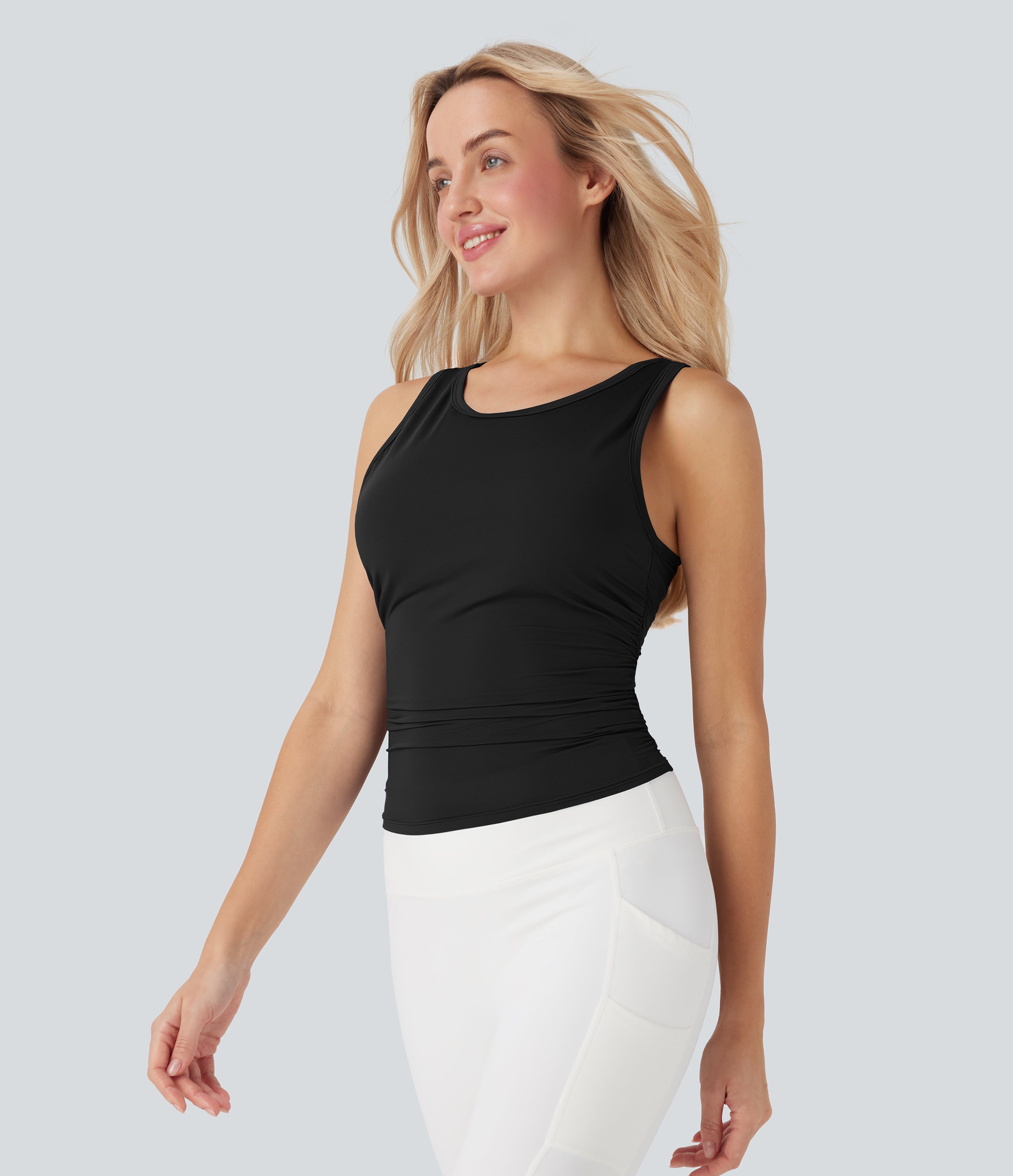 Round-Neck Racerback Ruched Built-in Bra Cool Touch Yoga Tank Top