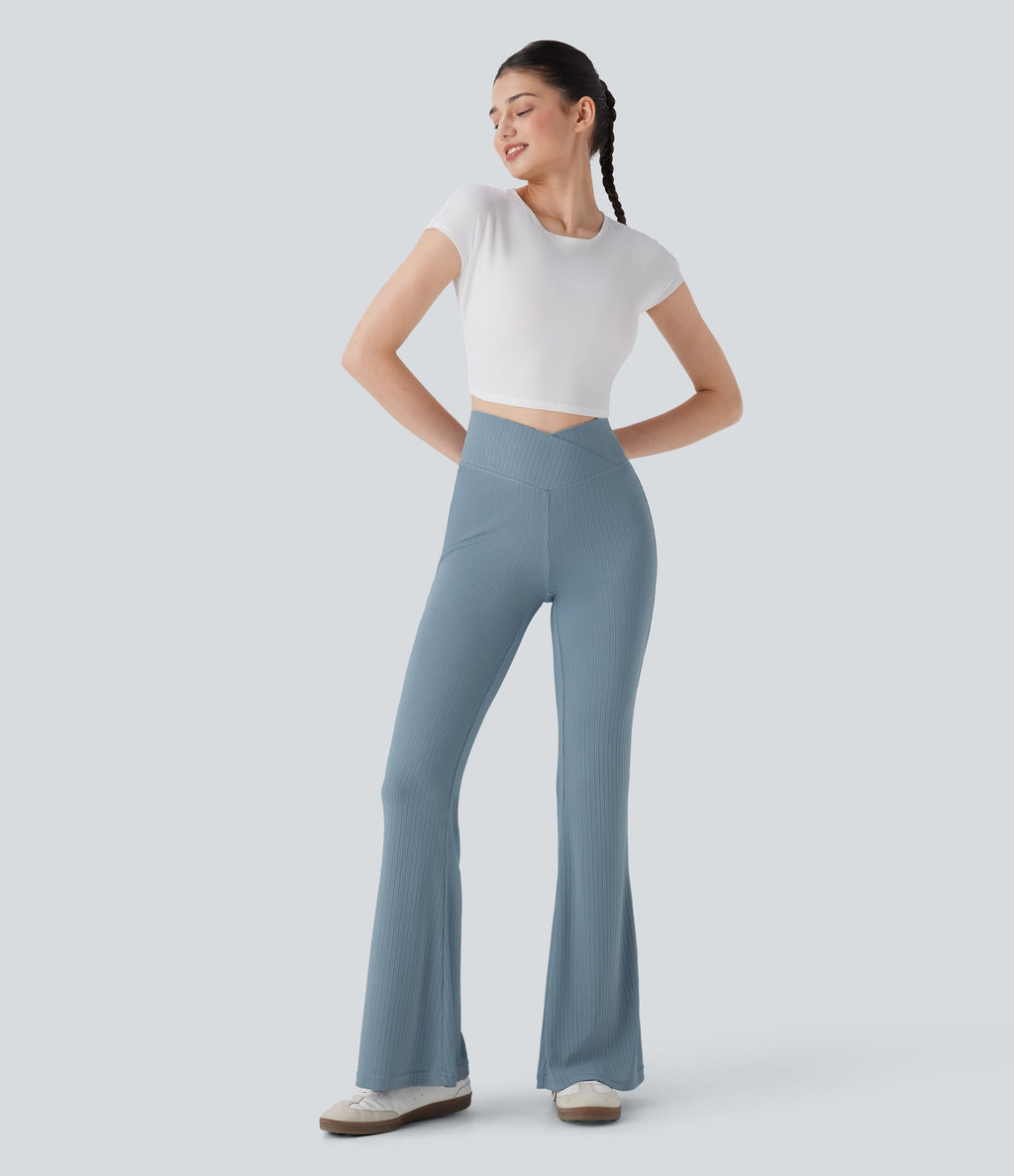 Ribbed Knit Crossover High Waisted Casual Flare Pants with Pocket
