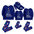 We Wish You a Merry Christmas Family Pajamas Set - Blue Top / Santa and Reindeer Print Blue Pants / Matching Blue Sleeves