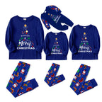We Wish You a Merry Christmas Family Pajamas Set - Blue Top / Santa and Reindeer Print Blue Pants / Matching Blue Sleeves