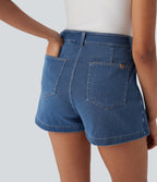 FlexTM High Waisted 2-in-1 Washed Stretchy Knit Denim Casual A-line Skort with Pockets
