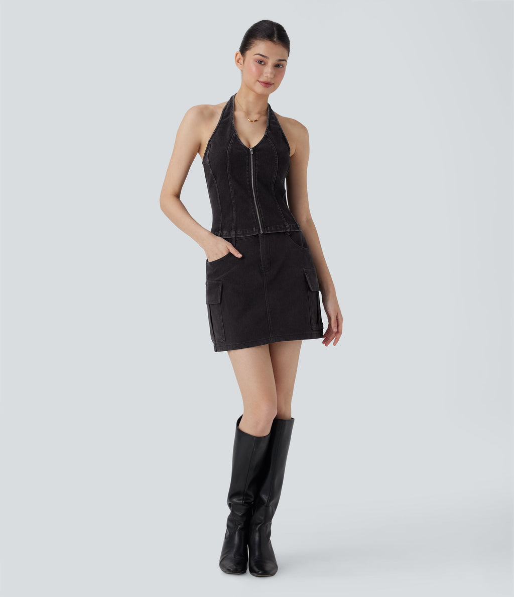 FlexTM Halter Zipper Washed Denim Casual Tank Top