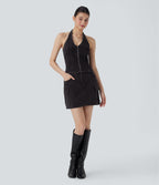 FlexTM Halter Zipper Washed Denim Casual Tank Top