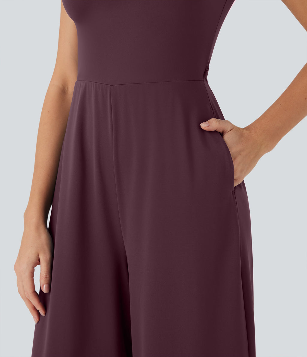 SoftlyZeroTM Airy Short Sleeve Wide Leg Cool Touch Yoga Jumpsuit with Pockets-Easy Peezy Edition