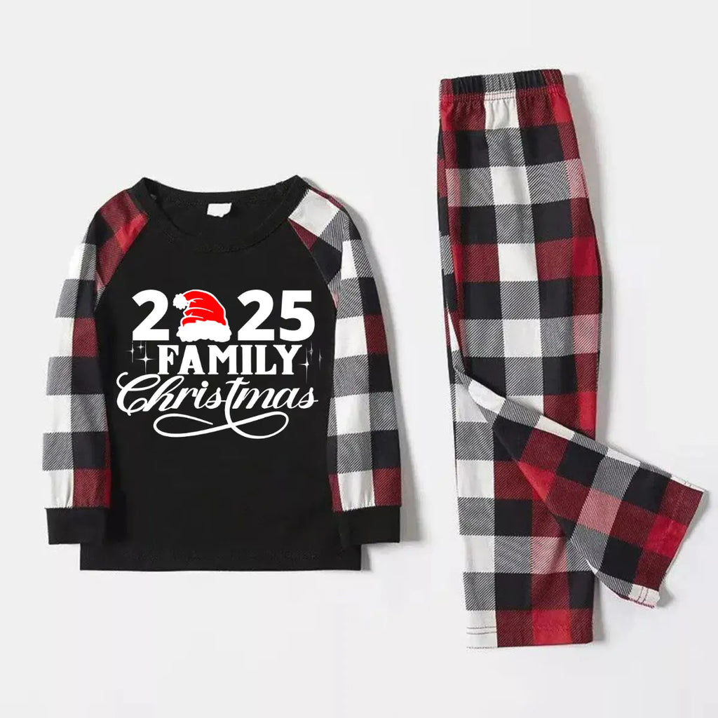 "2025 Family Christmas" Letter Print Red & Black & Grey & White Plaid Family Matching Pajamas