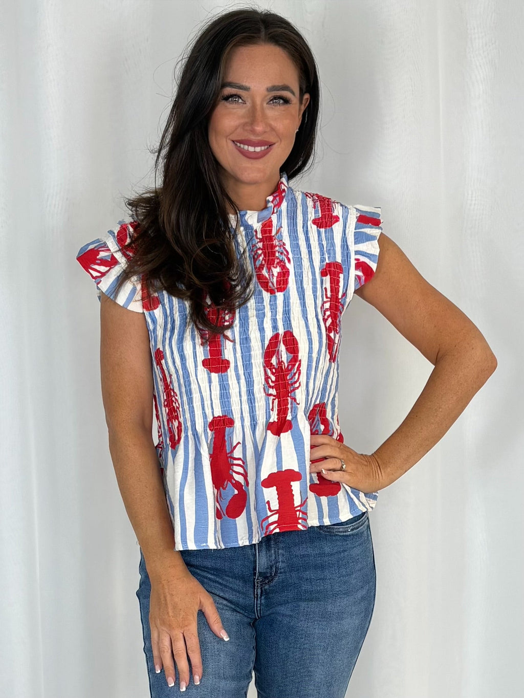 Smocked Cap Sleeve Lobster Print Top