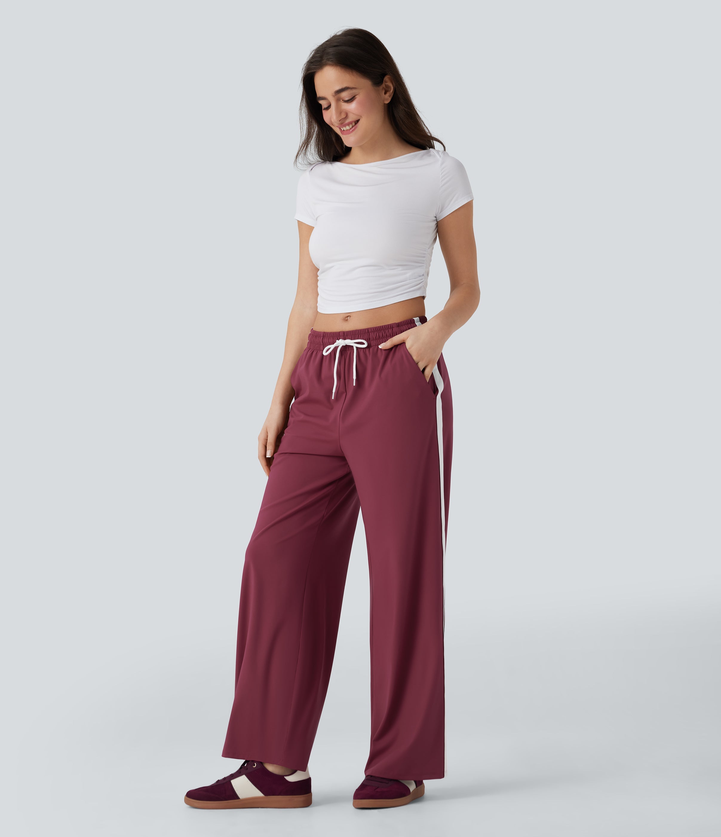 SoftlyZeroTM Airy Low Rise Drawstring Color Block Straight Leg Cool Touch Casual Pants with Pockets-UPF50+
