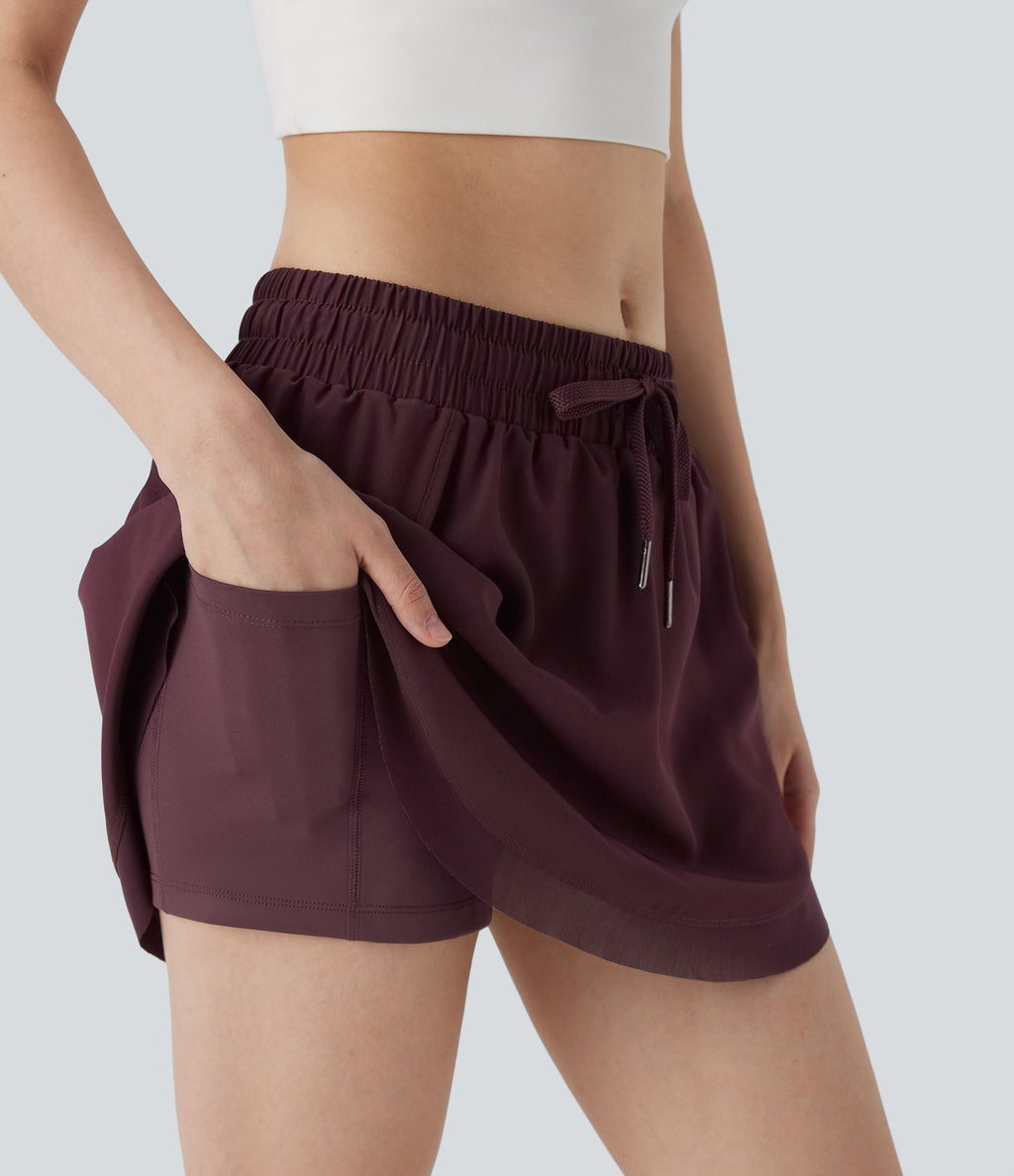 Mid Rise Drawstring 2-in-1 Contrast Mesh Mini Tennis Skirt with Pockets