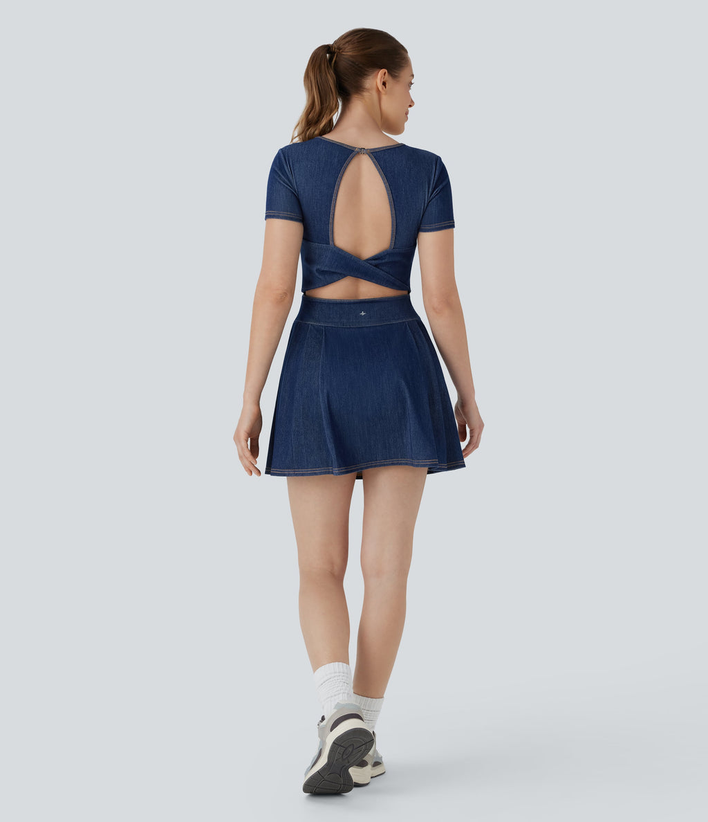FlexTM Pleated Hem 2-in-1 Cool Touch Washed Denim Tennis Active Dress with Pockets