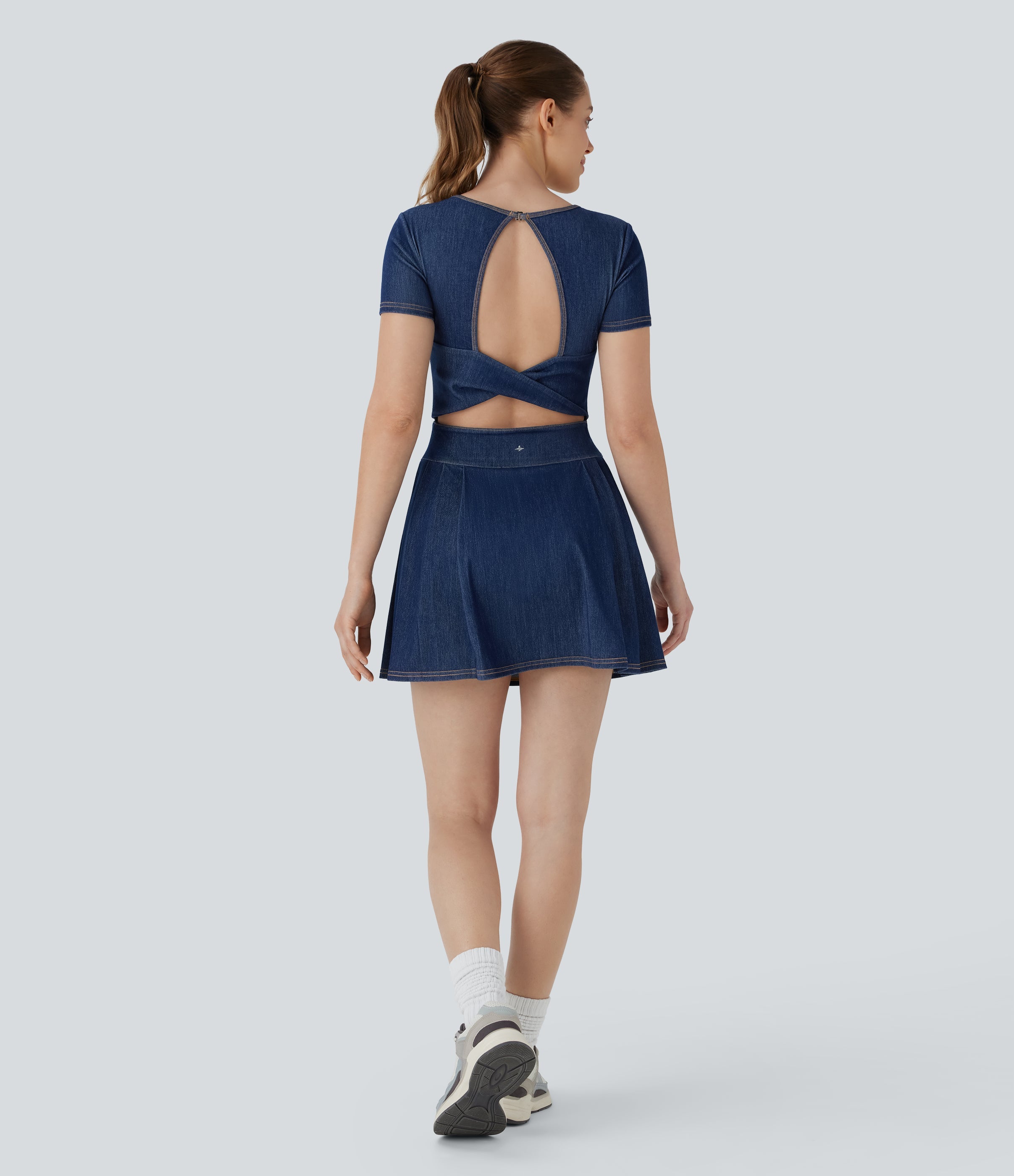 FlexTM Pleated Hem 2-in-1 Cool Touch Washed Denim Tennis Active Dress with Pockets
