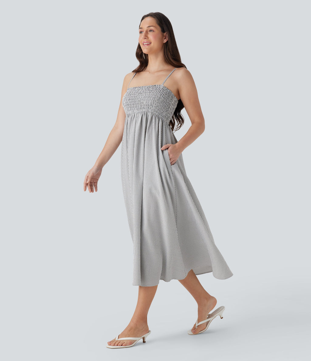 Shirred Stripe Midi Slip Dress with Pockets