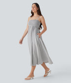 Shirred Stripe Midi Slip Dress with Pockets