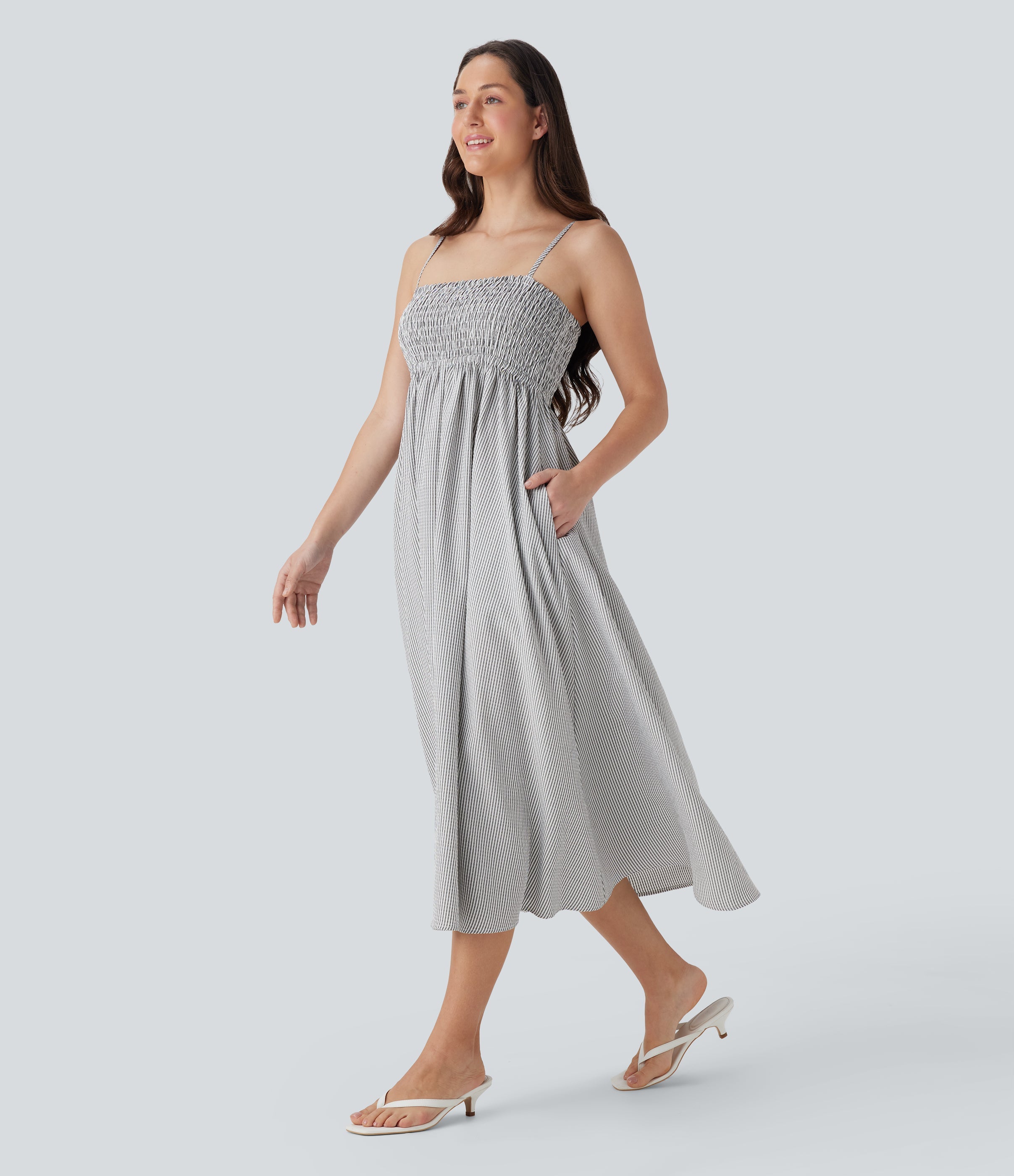 Shirred Stripe Midi Slip Dress with Pockets