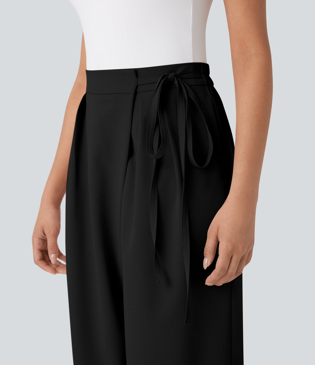 High Waisted Tie Side Wide Leg Work Pants with Pockets