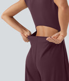 SoftlyZeroTM Airy Short Sleeve Wide Leg Cool Touch Yoga Jumpsuit with Pockets-Easy Peezy Edition