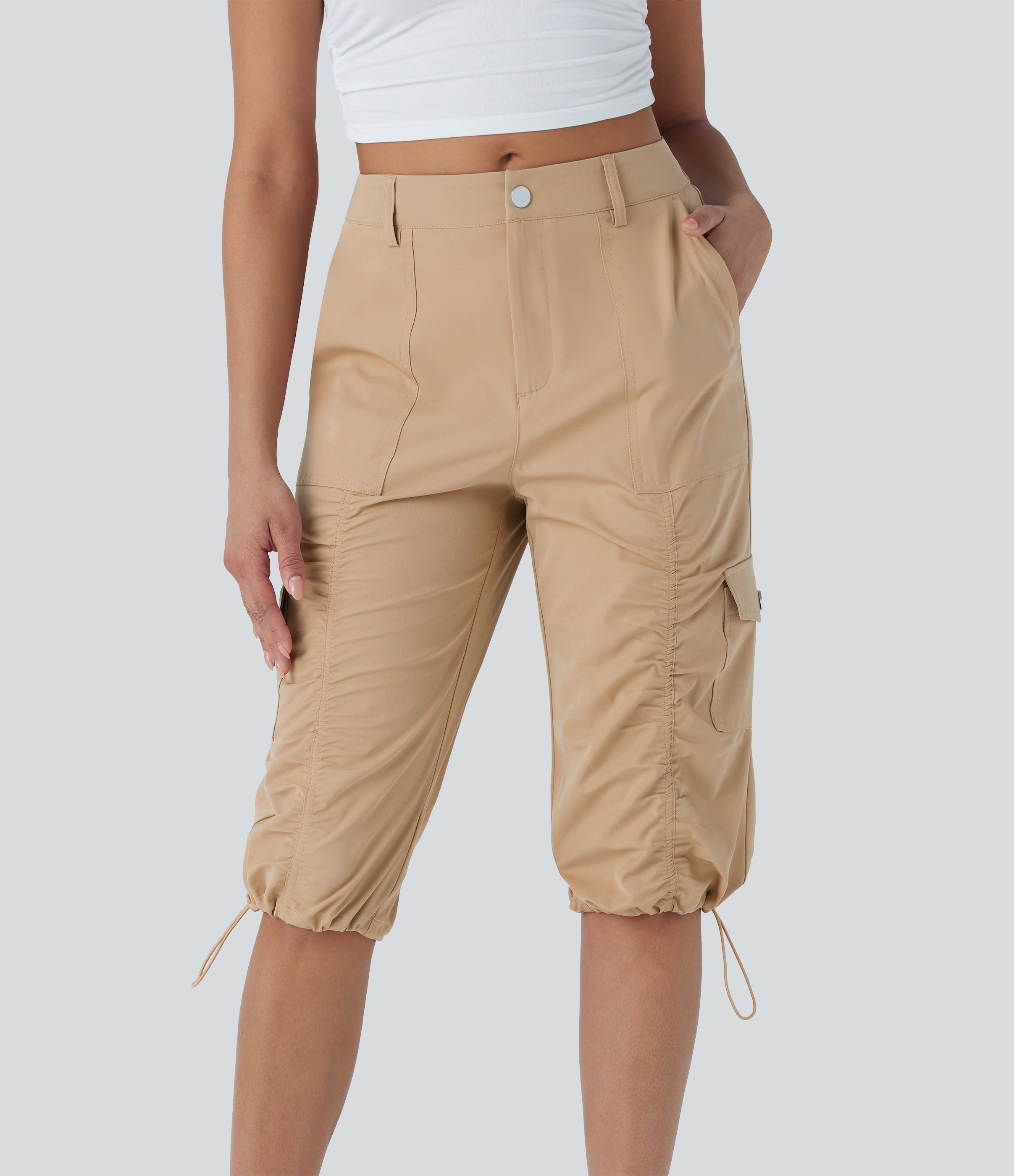 Mid-Rise Ruched Cargo Quick-Dry Casual Pedal Pusher Pants with Pockets