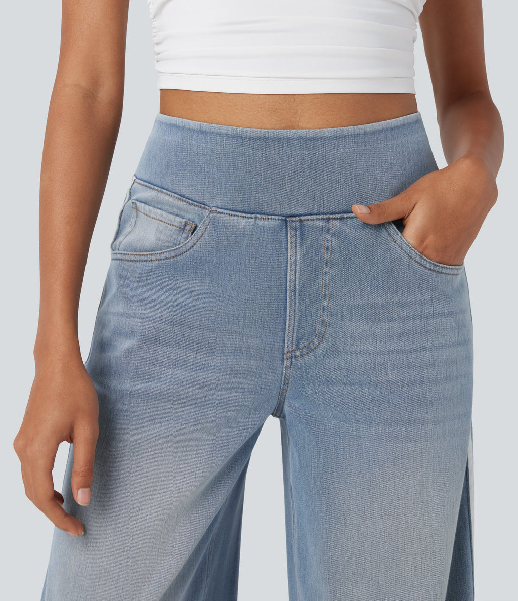 FlexTM High Waisted Stripe Wide Leg Flowy Washed Casual Jeans with Pockets