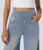 FlexTM High Waisted Stripe Wide Leg Flowy Washed Casual Jeans with Pockets
