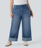 Plus Size FlexTM High Waisted Wide Leg Rolled Hem Washed Stretchy Knit Casual Jeans with Pockets